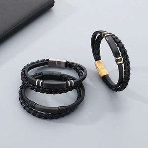 Men's woven leather double-layer bracelet with magnetic metal clasp in various finishes