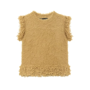 Sleeveless Knitted Top Faux Fur Sweater Vest Round Neck Fluffy Ruffle Hem Solid Color Elegant For Women