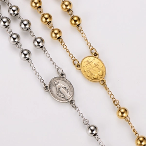 Stainless Steel Rosary Necklace Cross Pendant Miraculous Medal Beads Religious Fashion Jewelry For Women Men