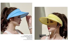 Detail of wide brim sun visor with adjustable windproof rope in blue and yellow