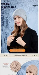 Detail of warm winter knit hat featuring elegant pearl embellishments and soft yarn texture