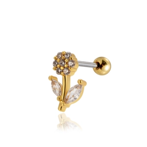 Gold stainless steel flower helix earring with clear crystal petals on a white background