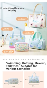 Macro view of waterproof PVC toiletry bags set showing four sizes and floral patterns