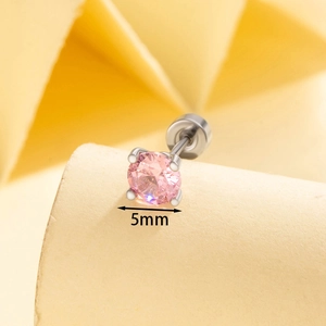 Single 5mm pink cubic zirconia screw back stud earring in 4-prong metal setting