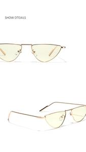 Detailed views of gold metal cat-eye sunglasses with light yellow transparent lenses