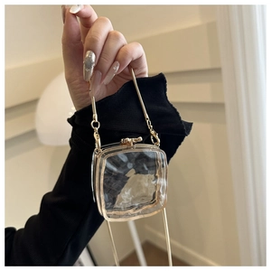 Detailed shot of transparent acrylic mini box bag with gold metal frame and chain strap