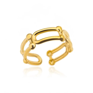 Macro detail of 18k gold plated stainless steel U-link adjustable ring with mirror finish