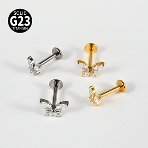 G23 titanium butterfly lip rings with marquise zircon stones in gold and silver finish