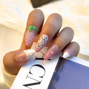 3D strawberry and fruit patterned press-on nails with realistic water droplets in pink