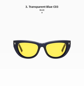 Dettaglio degli occhiali da sole cat-eye blu trasparenti con lenti gialle e borchie