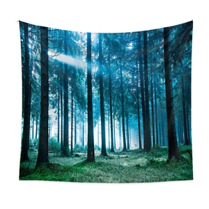 Detailed close-up of foggy pine forest tapestry with misty sunbeams and soft fabric texture
