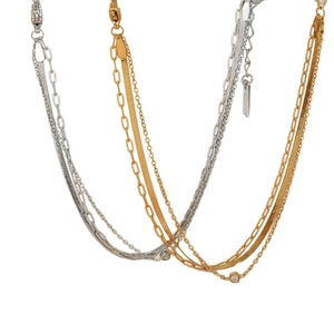 Layered stainless steel chain necklace with snake bone texture and single zircon accent