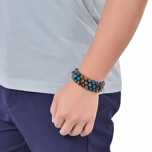 Triple layer 8mm tiger eye and hematite beaded wrap bracelet for men with adjustable cord