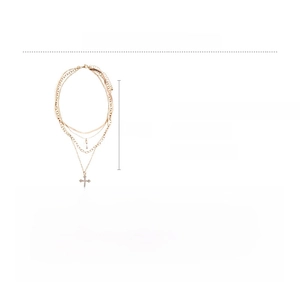 Detailed spec sheet showing multi-layer gold cross necklace with crystal stone settings