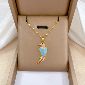 Luxurious gold stainless steel woodpecker necklace with colorful enamel and rhinestones
