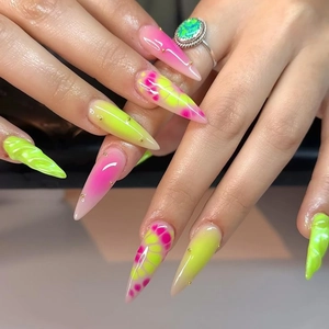Faux Ongles Press On Long Stiletto Dégradé Vert Néon Rose Texture 3D Slime Perles Dorées Style Y2K Plastique Femmes