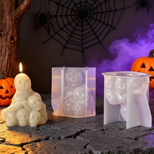 Detail view of Halloween skull stack silicone mold with finished resin candle and decor