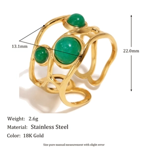 Adjustable 18K gold-plated stainless steel ring with three green gemstones inlay