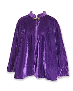 Detailed view of a purple velvet capelet featuring a decorative golden neck button