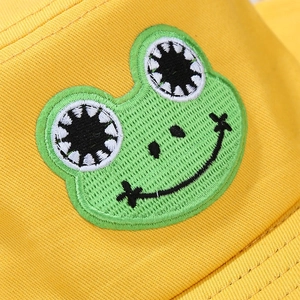 Ginger yellow cotton bucket hat with a cute green frog embroidery for summer outdoor style