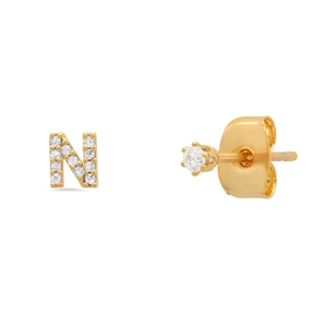 Detail of gold S925 sterling silver letter N stud earring with sparkling cubic zirconia
