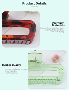 Detail display of large hollow rectangular hair claws in leopard and translucent green finish