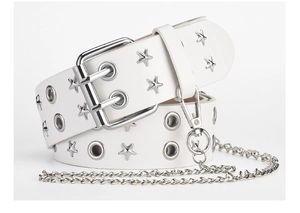 Detail of white PU leather belt with silver star studs and double-prong buckle