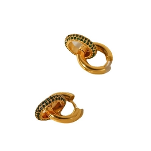 Luxury gold interlocking hoop earrings with micro-pave green zircon stones for women