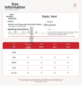 Tabella taglie con dettagli su tessuto in nylon ed elastan per il set da yoga