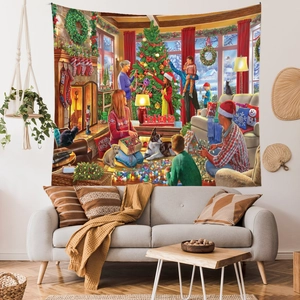 Detail eines Weihnachtswandteppichs mit festlichem Kamin und Familienszene im Wohnzimmer