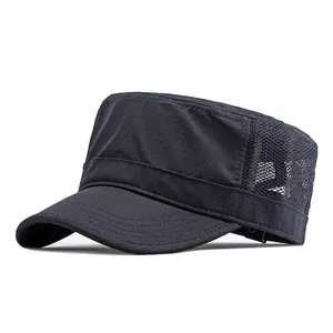 Navy blue flat top army cap with breathable mesh side panels and quick-dry fabric texture