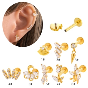 Titanium Alloy Zircon Ear Cartilage Studs Heart Star Flower Shape Labret Piercing Internally Threaded Flat Back Jewelry