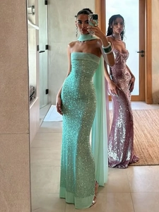 Strapless Sequin Maxi Dress For Women Slim Fit Bodycon Evening Party Banquet Floor Length Sparkly Sparkle Gown