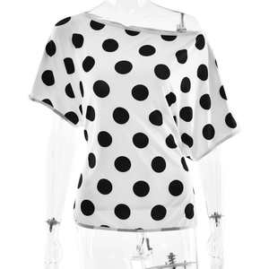 Chic white off-shoulder slim fit T-shirt with black polka dot pattern for women