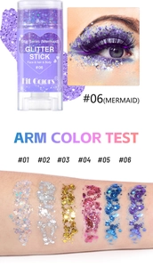 Swatches and makeup effect of 6 colors glitter stick for face body and hair