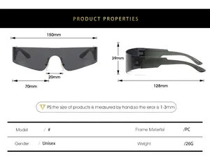 Sizing guide for rimless Y2K punk sports sunglasses featuring detailed measurements