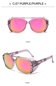Detail view of purple aviator sunglasses with side shields and pink gradient lenses