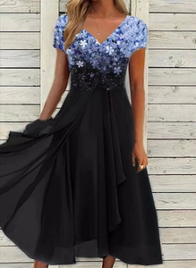 Women's V-neck short sleeve maxi dress in blue and black floral patchwork style
