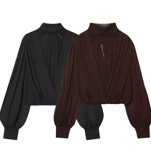 Femme Blouse En Mousseline Manches Lanternes Col Montant Nœud Papillon Plissé Devant Croisé Couleur Unie Haut Casual