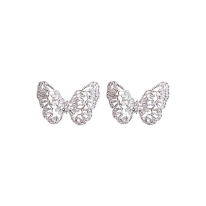 Exquisite silver butterfly stud earrings with sparkling cubic zirconia on white background