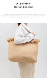 Detail of a large straw tote bag with fringe trim and brown leather shoulder straps