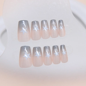 Star pattern french cat-eye press-on nails in grey and pink gradient ballet style