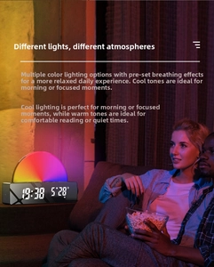 Sunrise alarm clock creating colorful ambient lighting for couples in a living room scene