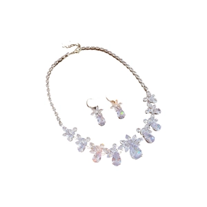 Sparkling zircon waterdrop flower necklace and earring set in elegant silver finish