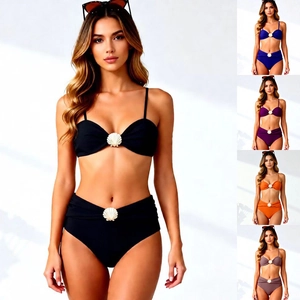 Bikini Swimsuit High Waisted Swimwear Solid Color Shell Detail Spaghetti Strap Bandeau Beach Vacation Bathing Suit Nylon