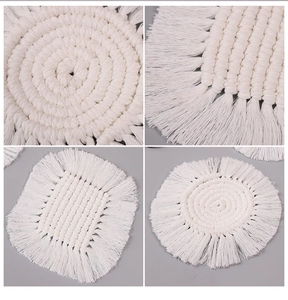 Detailed close-up of woven cotton texture and fringe on bohemian style cup coasters