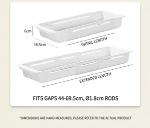 Adjustable white kitchen organizer tray stretching from 44cm to 69.5cm for under-sink storage