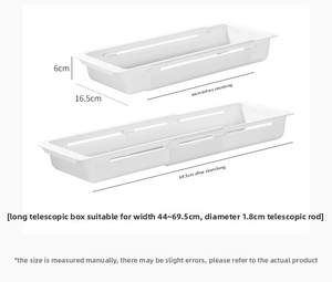 Adjustable white kitchen organizer tray stretching from 44cm to 69.5cm for under-sink storage