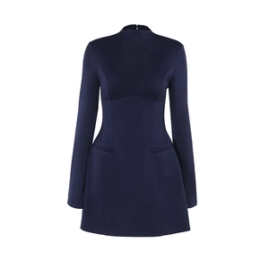 Elegant navy blue backless bodycon dress with high neck and long sleeves for autumn