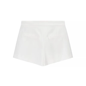 Rear view of white mini shorts with dual back pockets and clean stitched finish